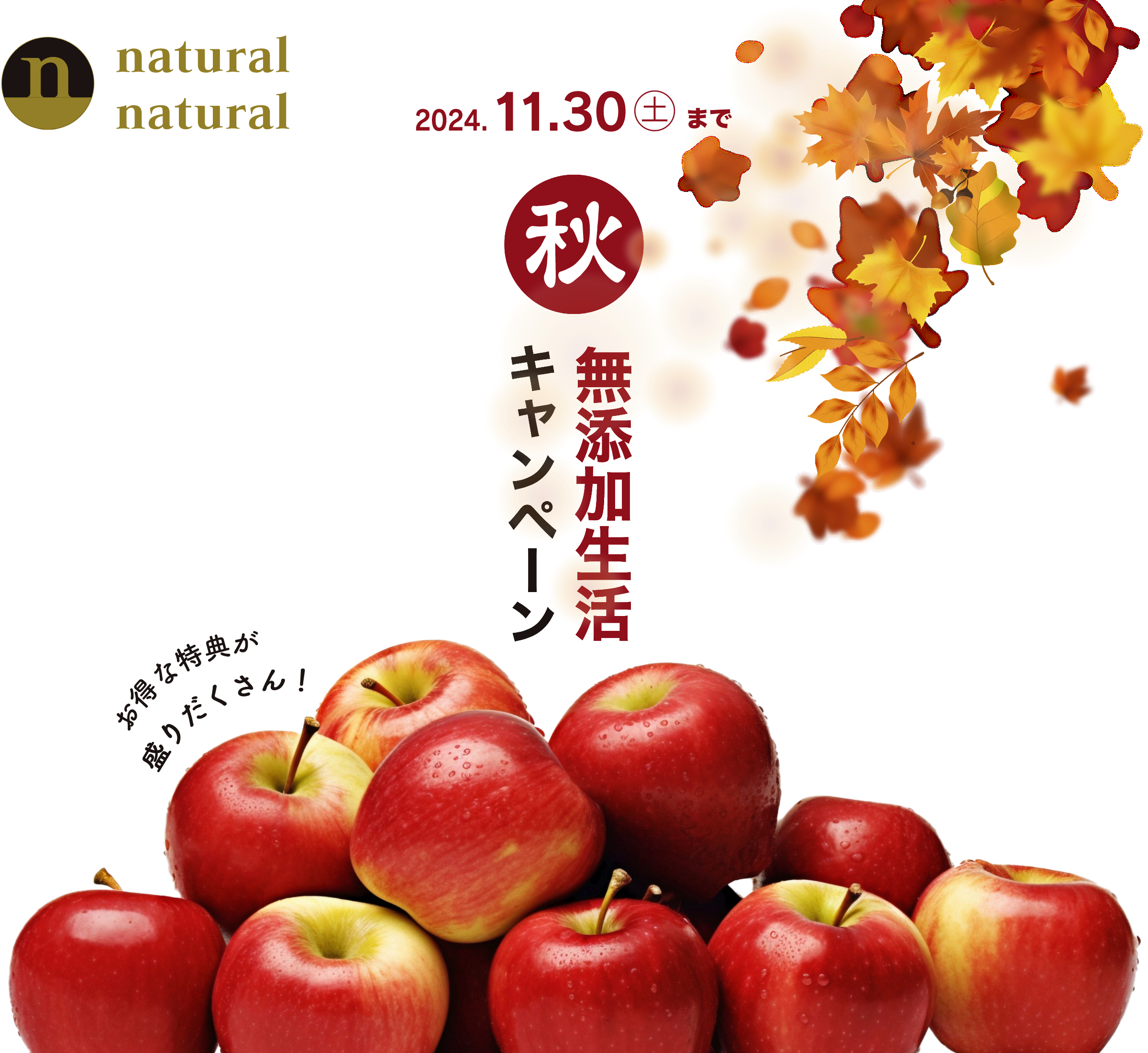 オーガニック食材の定期宅配「natural naturalオーガニックフード産直便」のお得な特典を盛りたくさん「秋の入会キャンペーン」！お得に入会できる３つの特典付きなのは今だけ！
